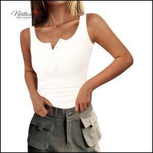 Slim Fit Ribbed Knit Henley Tank Top Button Up Blouse Summer Casual